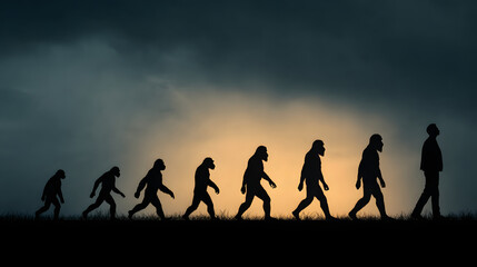 Evolution of Man from Ape to Human Depicted with Silhouettes at Sunset 