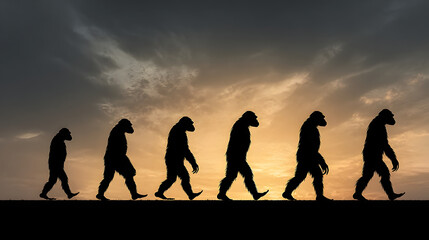 Evolution of Man depicting the stages of human development against sunset 