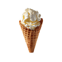 melting vanilla ice cream cone with waffle isolated on a transparent background, in a PNG format