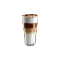 layered latte macchiato in tall clear glass isolated on a transparent background, in a PNG format