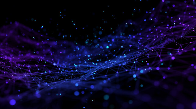 abstract background with glowing blue and purple network connections, dark black space in the center of an array of interconnected circles
