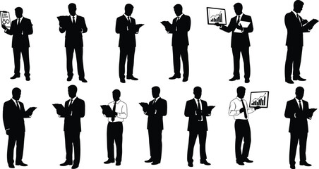 Businessman silhouettes reading reports, analyzing charts, holding clipboards, corporate presentation, professional attire, 