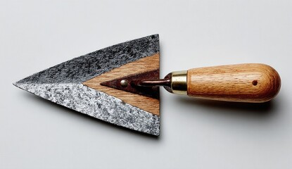 Top-down view of a small, triangular trowel.  Wooden handle, metal blade