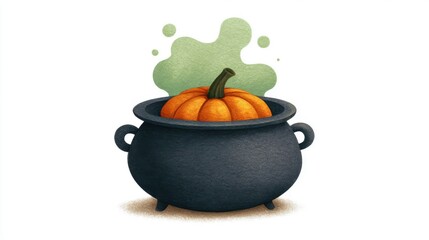 Whimsical Watercolor Illustration of a Cauldron with a Pumpkin and Mystic Green Smoke