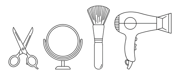 Collection of monochrome, simple line drawing vector illustration of beauty salon equipment.