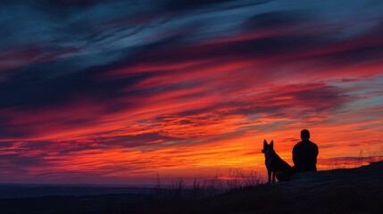 The powerful outline of a dog and owner viewing the sunset