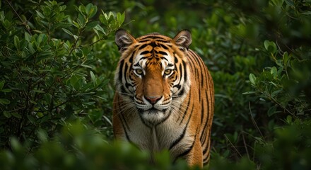 Obraz premium A tiger standing amidst dense green foliage looking directly at the camera with a focused expression
