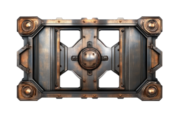 Solid steel bank vault door with detailed metallic finish showcasing craftsmanship and security features