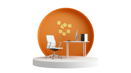 Minimalist Workspace Setup with Desk, Chair, Monitor and Notes in Orange Circle