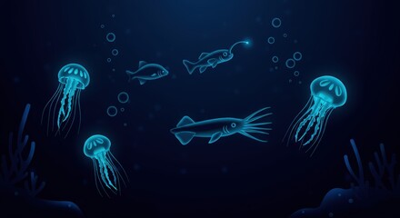 Illustration of glowing jellyfish squid and fish swimming in the deep blue sea with bubbles around them