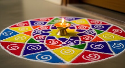 Fototapeta premium A vibrant, colorful rangoli design with a lit diya lamp in the center, celebrating a festival.