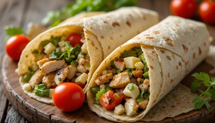 Flat lay photography of fresh chicken wraps with lettuce, tomato, and cucumber