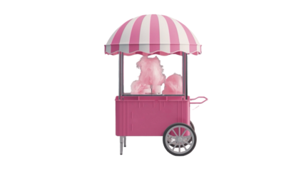 3D Rendering Sweet Pink Cotton Candy Cart With Striped Awning