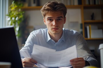 Portrait of a young accountant and financial expert working in the office with a laptop and documents, making notes, looking seriously into the camera while analyzing financial data, Generative AI