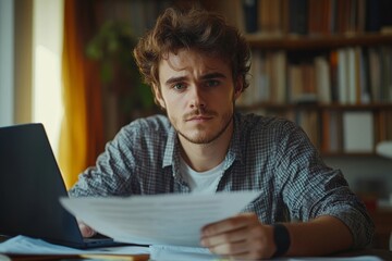 Portrait of a young accountant and financial expert working in the office with a laptop and documents, making notes, looking seriously into the camera while analyzing financial data, Generative AI