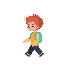 Happy cartoon boy with curly hair walking with a backpack. Flat vector illustration of a smiling school child, perfect for educational materials, back-to-school themes, or children’s design projects.