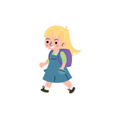 Cute cartoon girl with a backpack walking happily. Flat vector illustration of a school child in casual clothes, ideal for educational content, back to school themes, or children's designs.