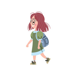 Cute cartoon girl with a backpack walking happily. Flat vector illustration of a school child in casual clothes, ideal for educational content, back to school themes, or children's designs.