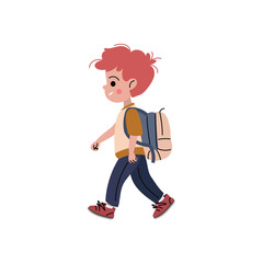 Happy cartoon boy with curly hair walking with a backpack. Flat vector illustration of a smiling school child, perfect for educational materials, back-to-school themes, or children’s design projects.