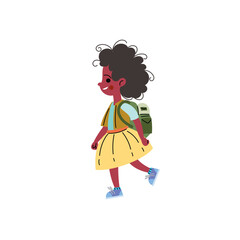 Cute cartoon black girl with a backpack walking happily. Flat vector illustration of a school child in casual clothes, ideal for educational content, back to school themes, or children's designs.
