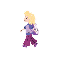 Cute cartoon girl with a backpack walking happily. Flat vector illustration of a school child in casual clothes, ideal for educational content, back to school themes, or children's designs.
