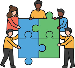 Diverse group of people collaborating to complete a puzzle together, symbolizing teamwork and connection.