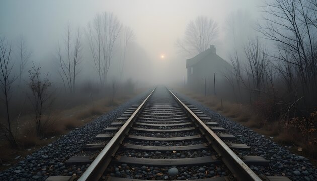 Abandoned Railway Track Disappearing Into Morning Fog