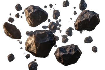 Swarm of asteroids floating in space on a transparent gigapixel standard amidst an expansive cosmic backdrop