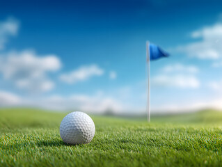 Obraz premium Golf ball on green grass with blue flag in background