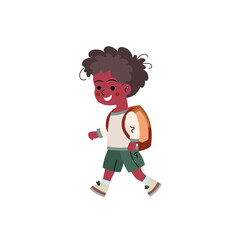 Happy cartoon black boy with curly hair walking with a backpack. Flat vector illustration of a smiling school child, perfect for educational materials, back-to-school themes, or children’s design proj