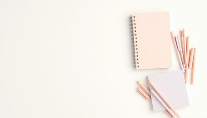 Minimalist workspace composition of pastel colored notebooks and writing implements creating a calm and organized atmosphere