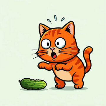 Funny cartoon orange cat looking shocked and scared by a green cucumber