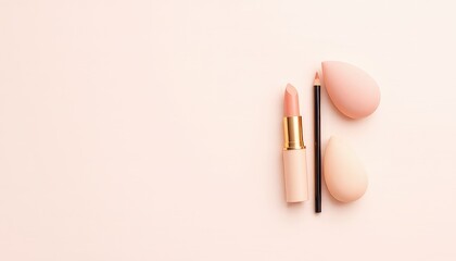 Makeup essentials flat lay peach lipstick, brow pencil, and beauty blenders on a light pink surface with space for text
