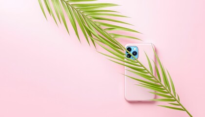 Soft Pink Tech Minimalist Mobile Device with Natural Green Frond for Modern Communication and Creative Presentation