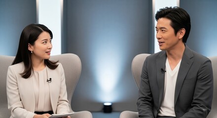 日本人男性俳優に日本人女性アナウンサーがインタビューしているテレビ番組