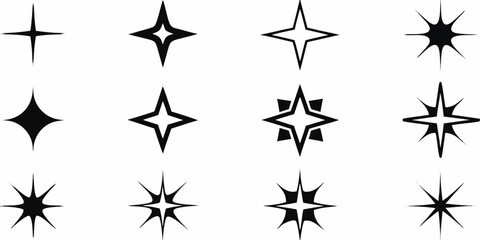Collection of twelve diverse black starburst and sparkle icons on white background