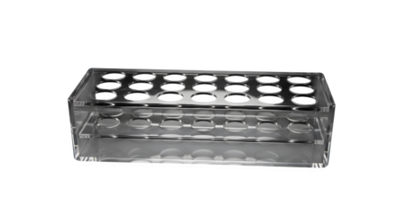 Clear plastic test tube rack isolated on transparent background for laboratory use