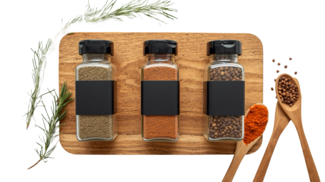 Top View Assortment of Spice Jars and Spoons on Wooden Board - Powered by Adobe