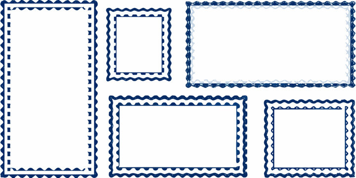 Collection of five decorative blue wavy frames in various sizes and orientations on a white background
