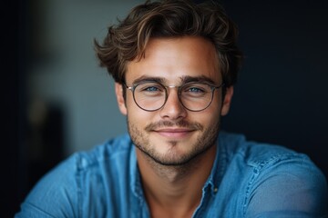 Close-up portrait of a young smiling man in glasses and a blue shirt, sitting and working in the office, looking confidently at the camera while engaged in a professional task, Generative AI