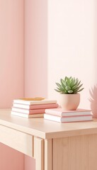 Stylish Desk Setup with Books, Decorative Plant, and Pen in a Monochromatic Color Palette for a Minimalist Aesthetic