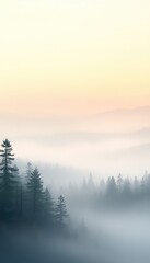 Naklejka premium Calming vista of coniferous forest landscape shrouded in ethereal fog with gradient sky background