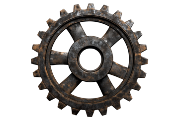 Iron gear isolated for design element showcases intricate details and textured surfaces ideal for industrial themes in various creative projects