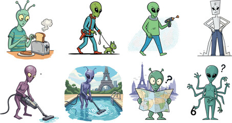 Funny cartoon alien characters in daily life and adventures, cooking, walking dog, using ray gun, vacuuming, cleaning pool, traveling with map, multiple arms alien