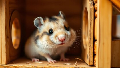 Fototapeta premium Tiny hamster with fluffy cheeks, exploring a miniature wooden house, wheel, yellow