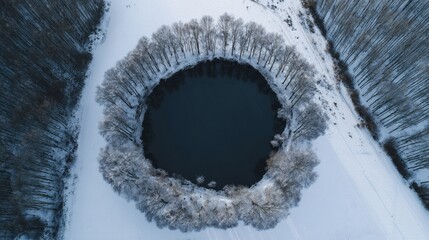 Aerial view of circular pond surrounded by ring of trees covered in snow, creating serene winter landscape. dark water contrasts beautifully with white snow, evoking sense of tranquility and peace