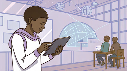 Young boy using tablet in modern classroom, engaged in learning with peers in background, showcasing technology and education