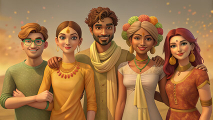 Group of friends with varied hairstyles and fashion, celebrating together in vibrant atmosphere, showcasing joy and unity