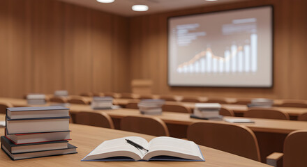 Academic Lecture Hall with Books and Pen on Desk, Displaying Business Data on Projector Screen