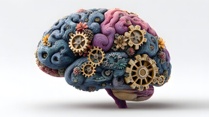 A creative illustration of a human brain with gears and floral elements 